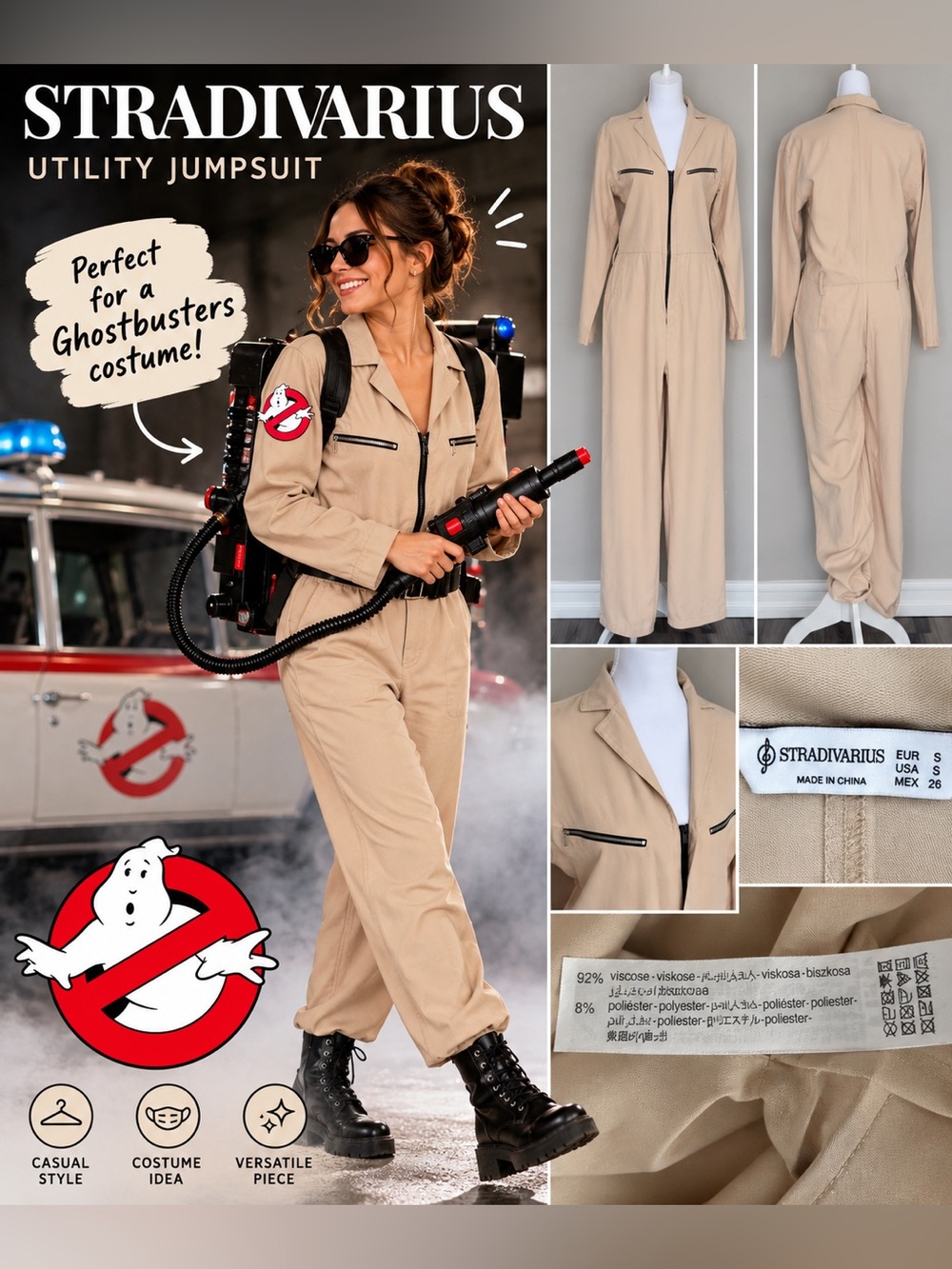 Stradivarius Beige Utility Jumpsuit Size S – Ghostbusters Costume Idea